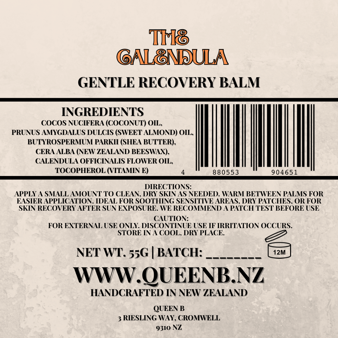 The Calendula | Gentle Recovery Balm (55g) - Queen B Candles NZ
A versatile recovery balm for face and body. The Calendula is your go-to for soothing sensitive areas, dry patches, or skin that has seen a bit too much sun. Handcrafted in Cromwell, NZ, using pure local beeswax and high-quality botanicals.