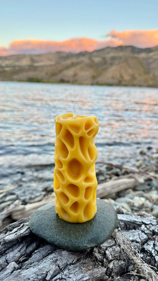 Reef Pillar 100% Beeswax Candle - Queen B Candles NZ Hand-sculpted to mimic the intricate, porous structures found in hidden tide pools and ancient coral reefs, The Reef Pillar brings the organic elegance of the ocean into your home. Its unique, cavernous design creates a captivating play of light and shadow as it burns, casting a warm, atmospheric glow reminiscent of a sunset over the Pacific.